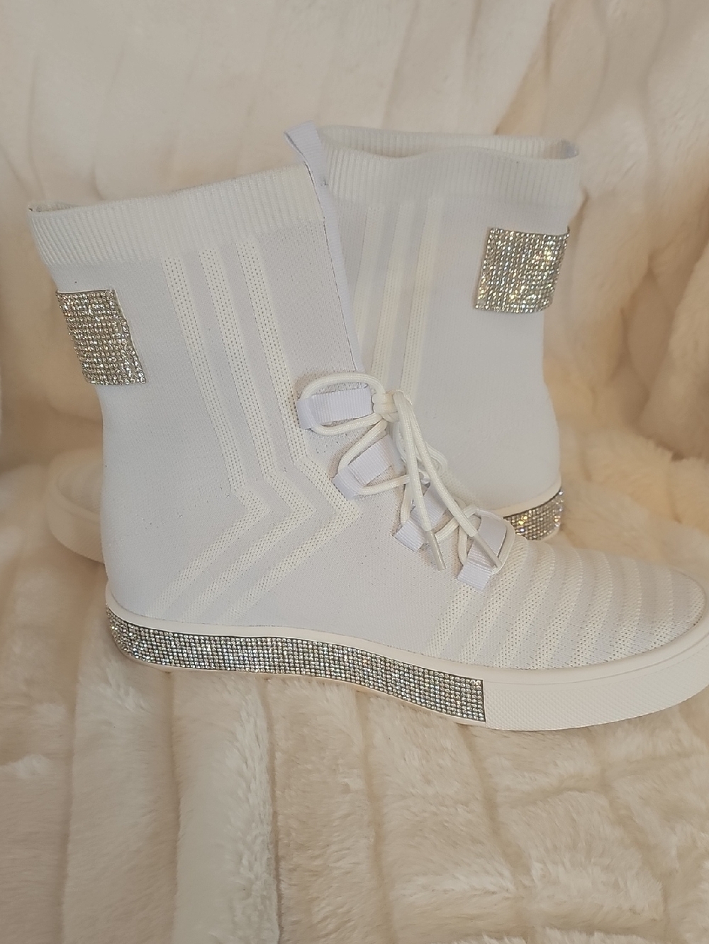 bernie mev. White Knit High-Top Sneakers with Crystal Accents